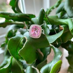 Sterling Silver pink stone ring with double halo size 9